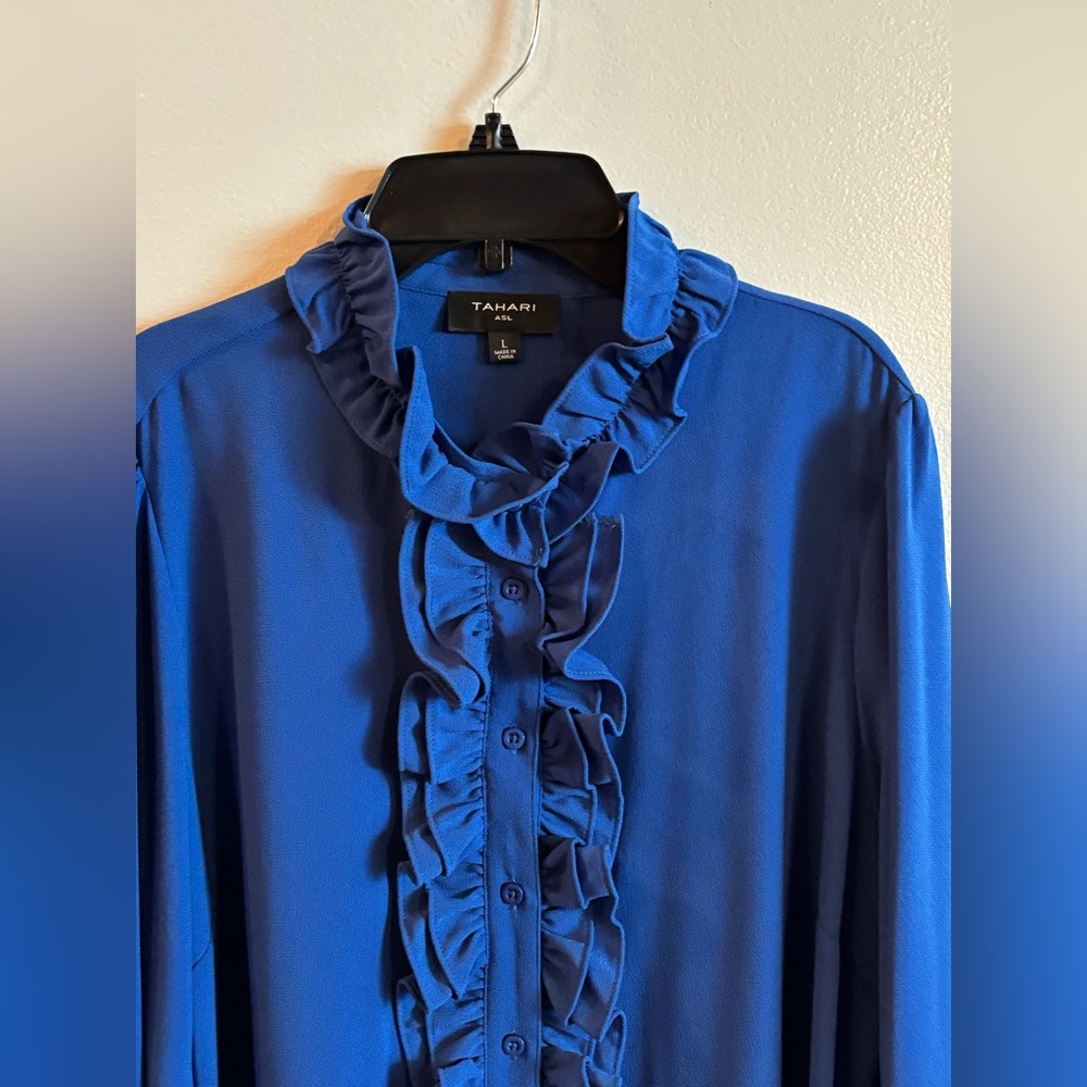 Tahari ASL Royal Blue Ruffled Blouse